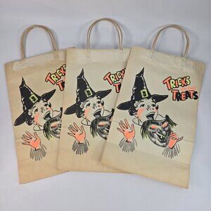 Vintage 1940s Halloween Paper Bags Trick or Treat Witch Skeleton Lot of 3